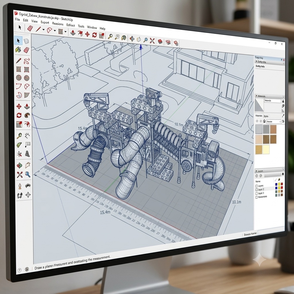 Projekt placu zabaw w SketchUp z wizualizacją 3D